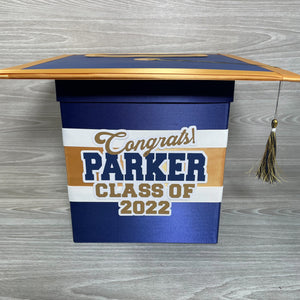 Grad Party Card Box - Navy, Old Gold, White 8x8