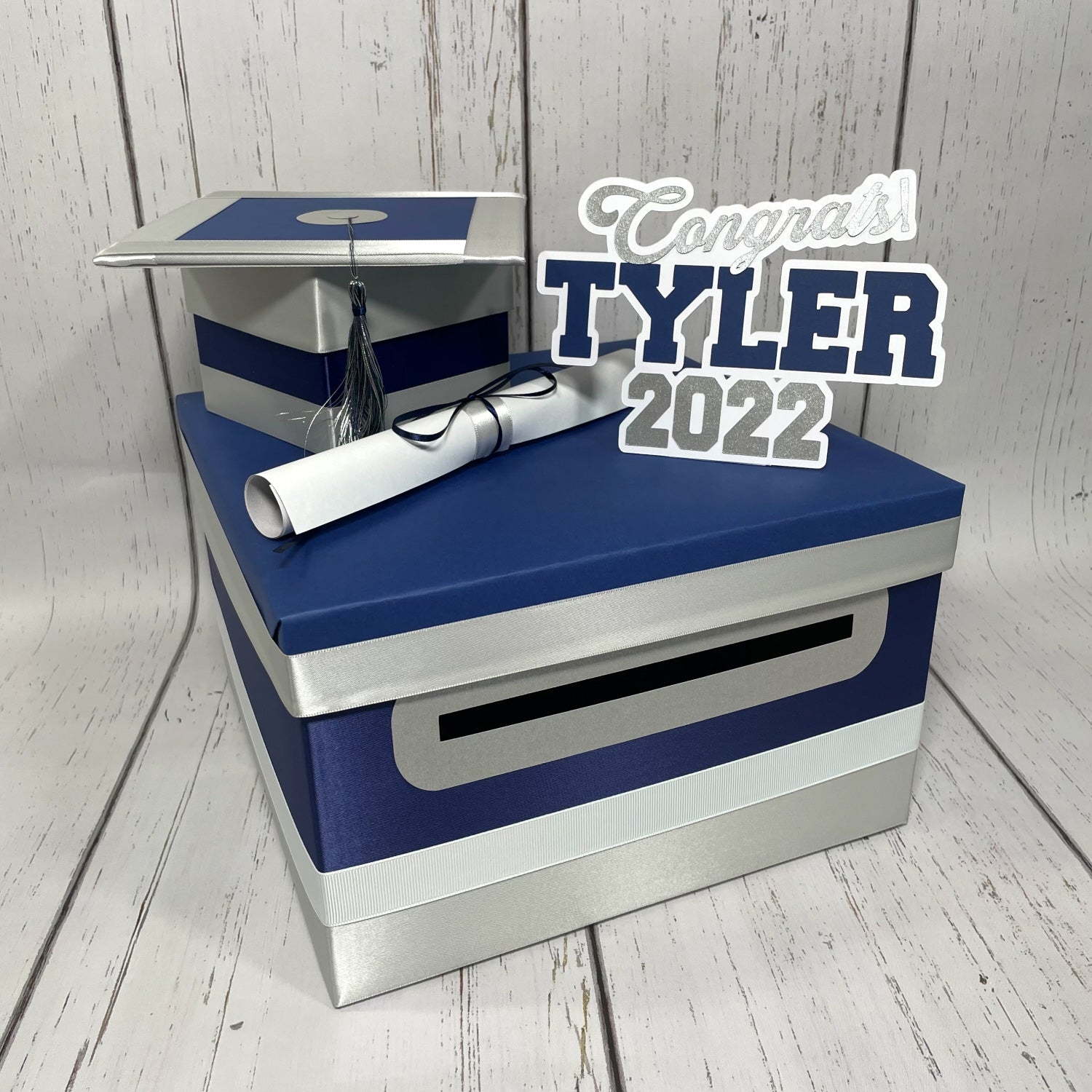 Graduation Card Box - Navy, Silver, White 10x10 Graduation Card Box - Navy, Silver, White 10x10