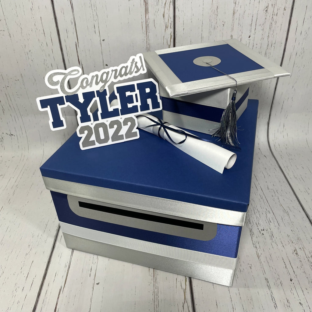 Graduation Card Box - Navy, Silver, White 10x10