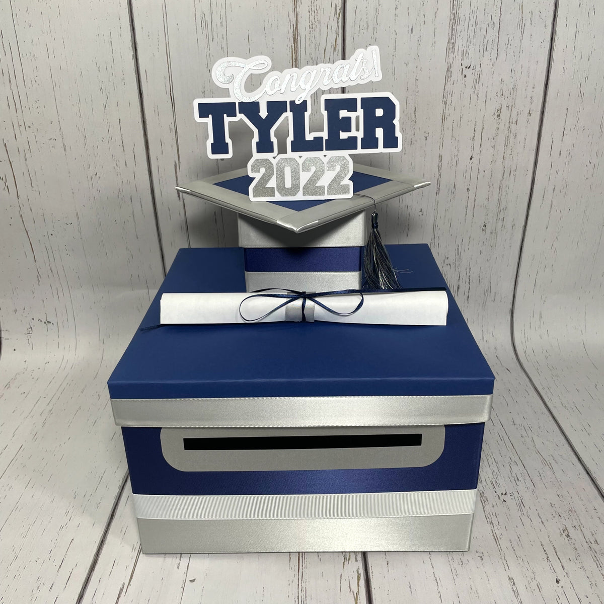 Graduation Card Box - Navy, Silver, White 10x10