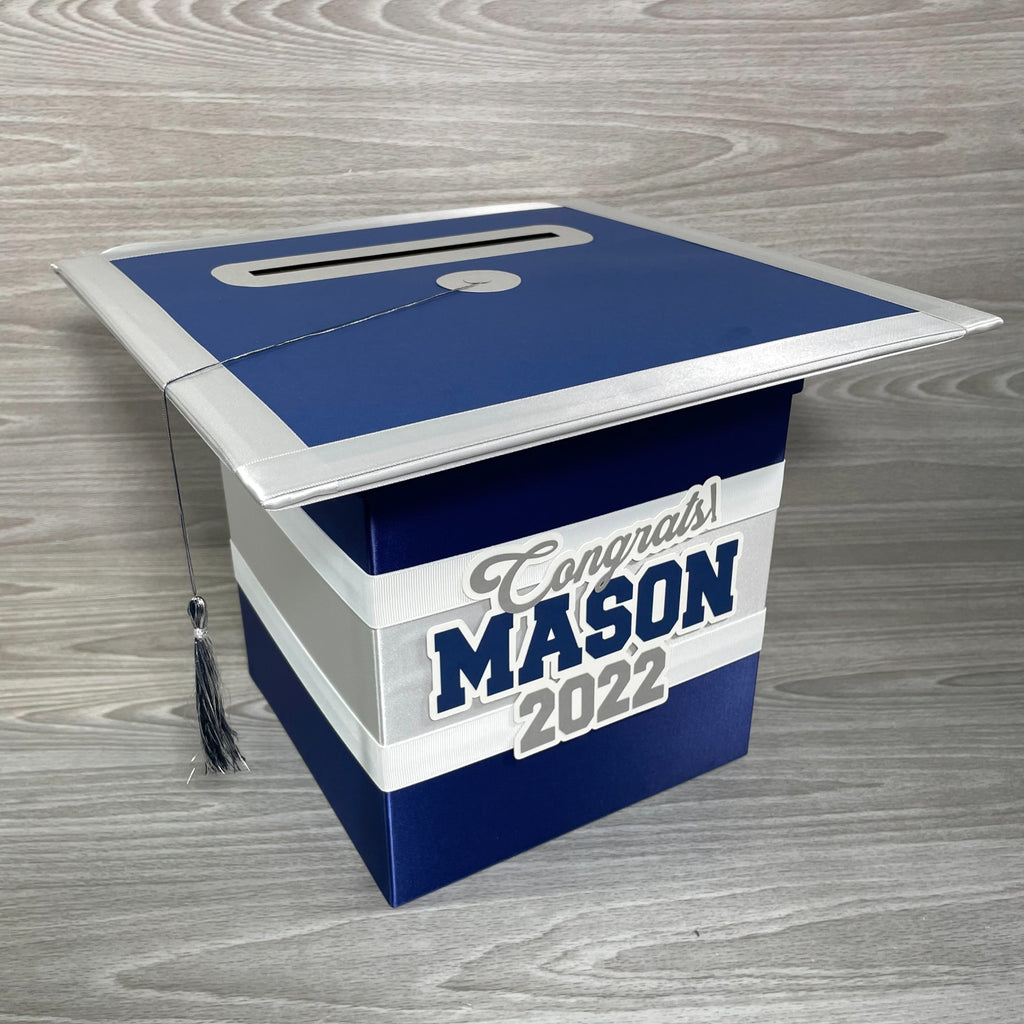 Graduation Cap Card Box - Navy, Silver, White 8x8 Style 1 | Nepheryn Party