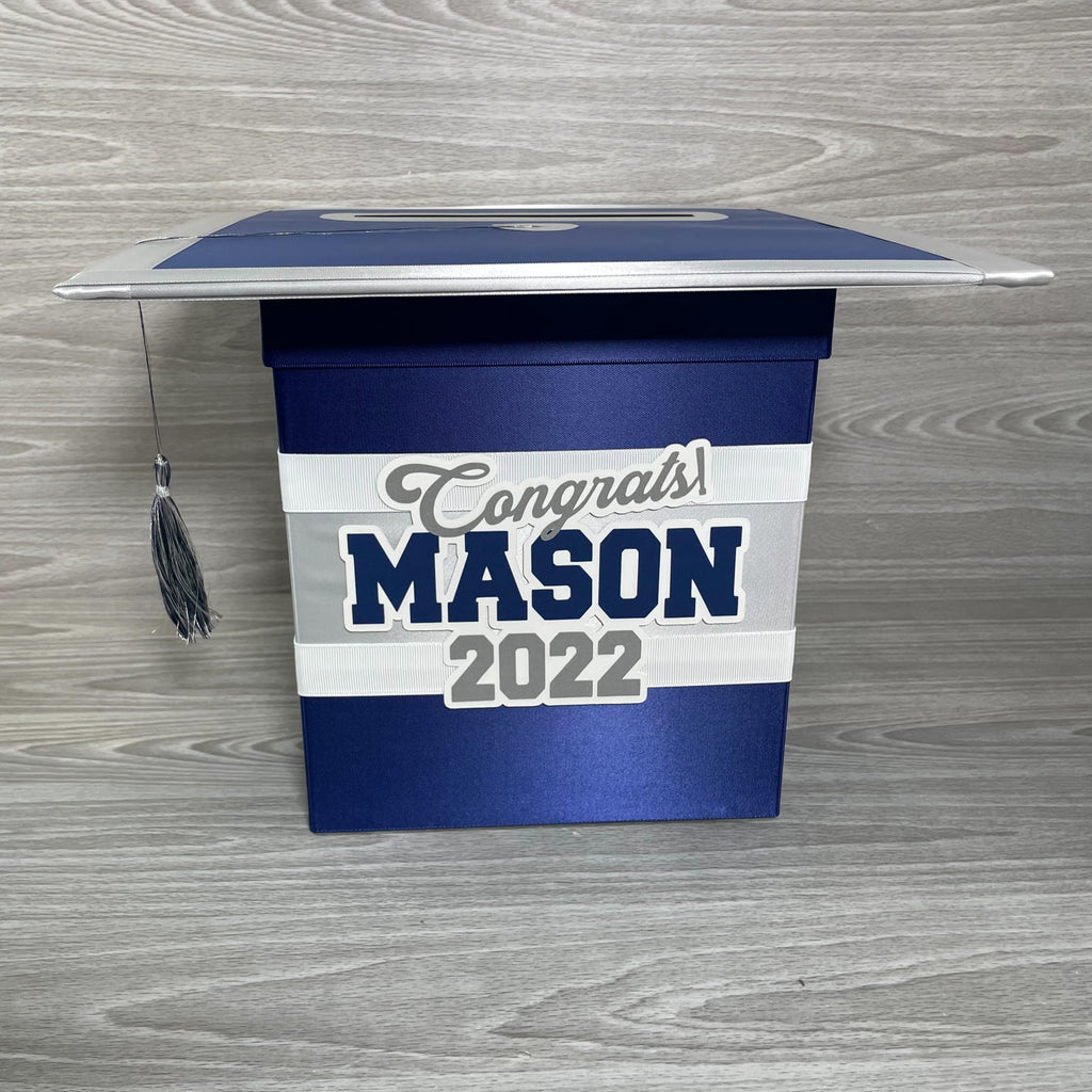 Graduation Cap Card Box - Navy, Silver, White 8x8 Style 1 | Nepheryn Party