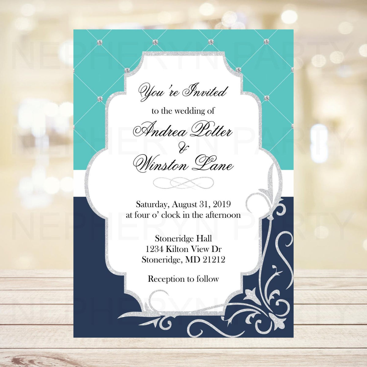 Navy, Teal, & Silver Wedding Invitation