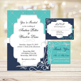Navy, Teal, & Silver Wedding Invite Set