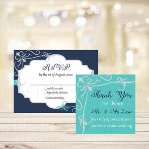 Navy, Teal, & Silver Wedding RSVP Cards & Thank You Notes