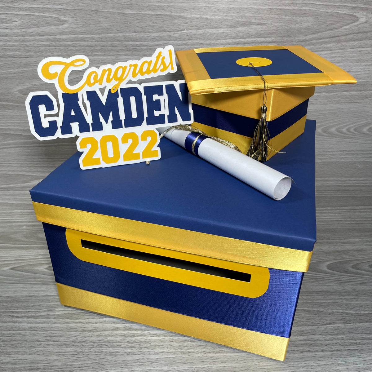 Graduation Card Box, Navy, Yellow Gold 10x10