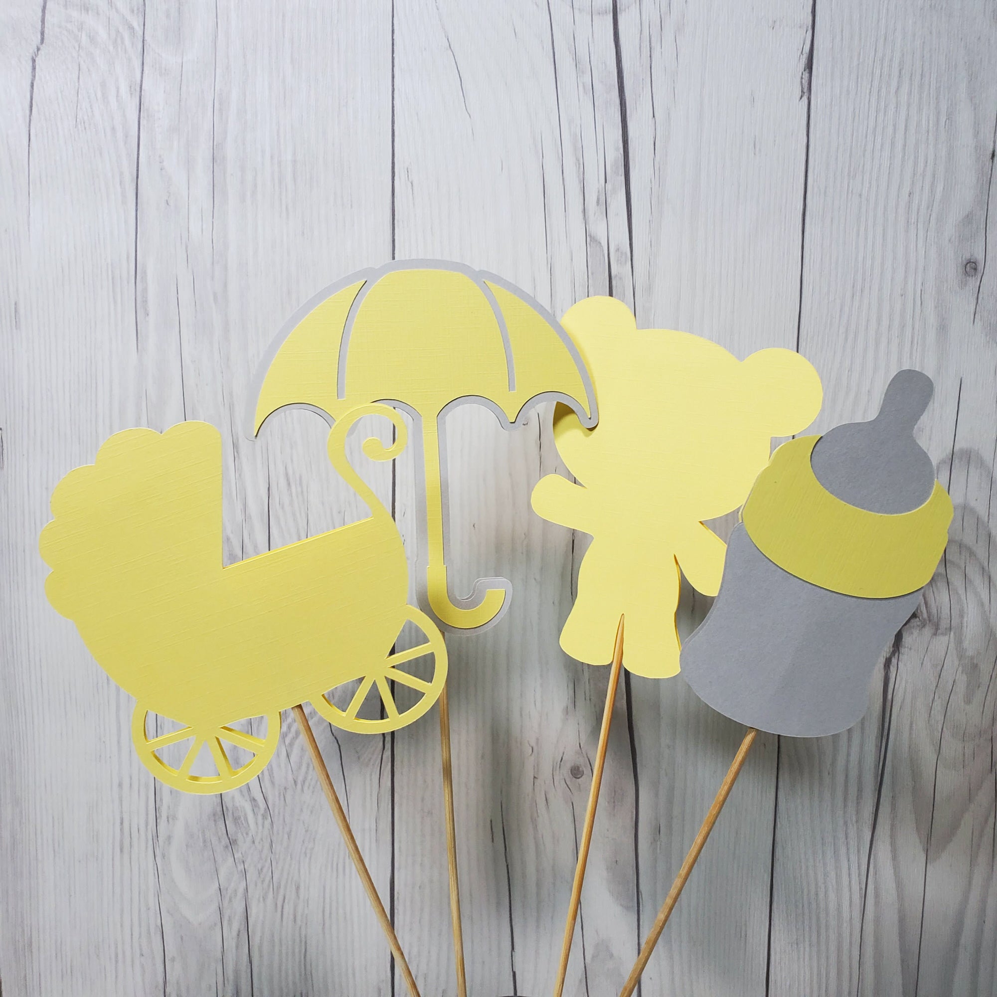 Gender Neutral Baby Elephant Centerpiece Sticks, Yellow Baby Shower Cake  Toppers