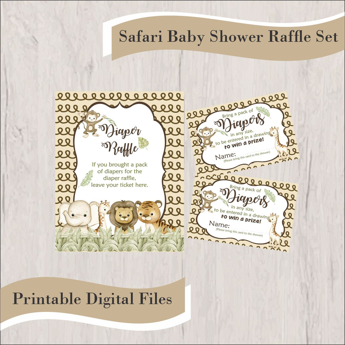 Gender Neutral Safari Baby Shower Diaper Raffle Set