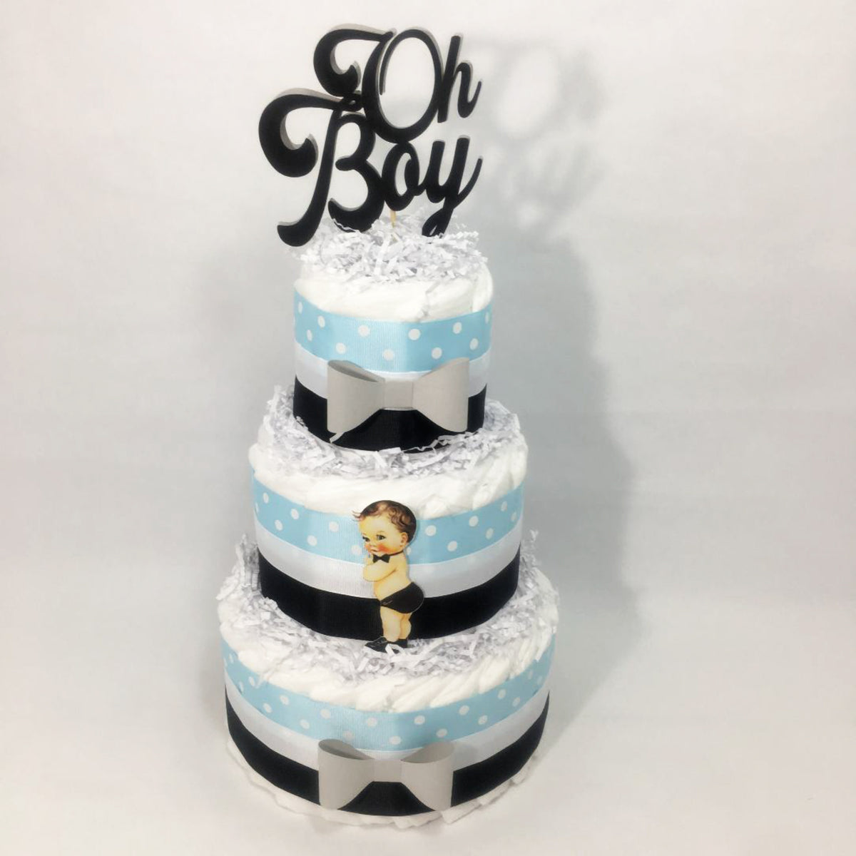 Light Blue, Gray, & Black Boy Baby Shower Diaper Cake