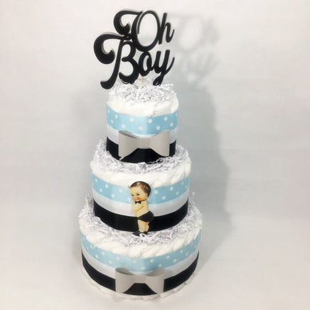 Light Blue, Gray, & Black Boy Baby Shower Diaper Cake