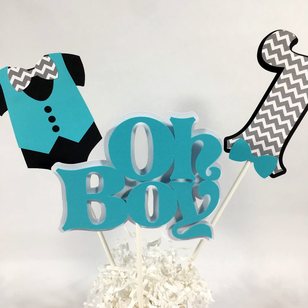 Oh Boy Birthday Centerpiece Sticks - Teal, Black, & Gray