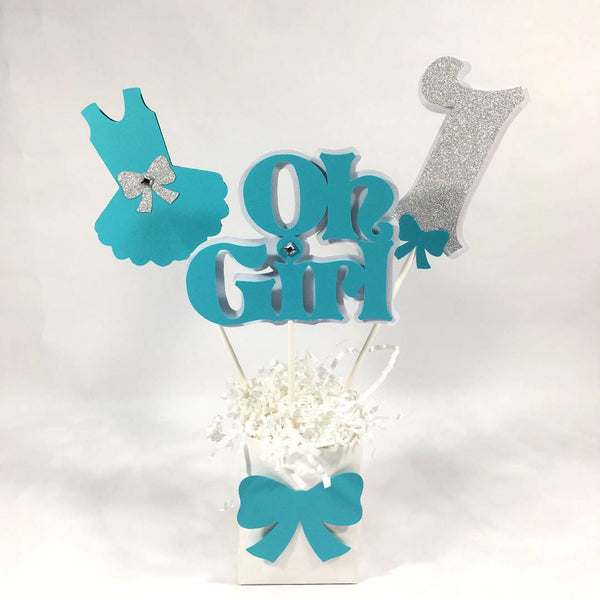 Oh Girl Teal & Silver Birthday Party Centerpiece