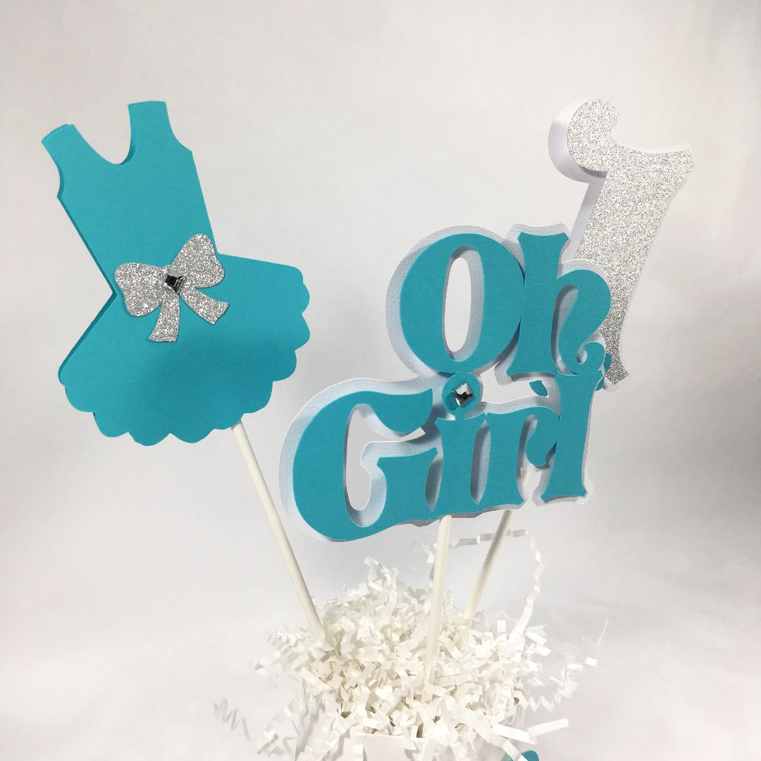 Oh Girl 1st Birthday Centerpiece Sticks - Turquoise Teal & Silver