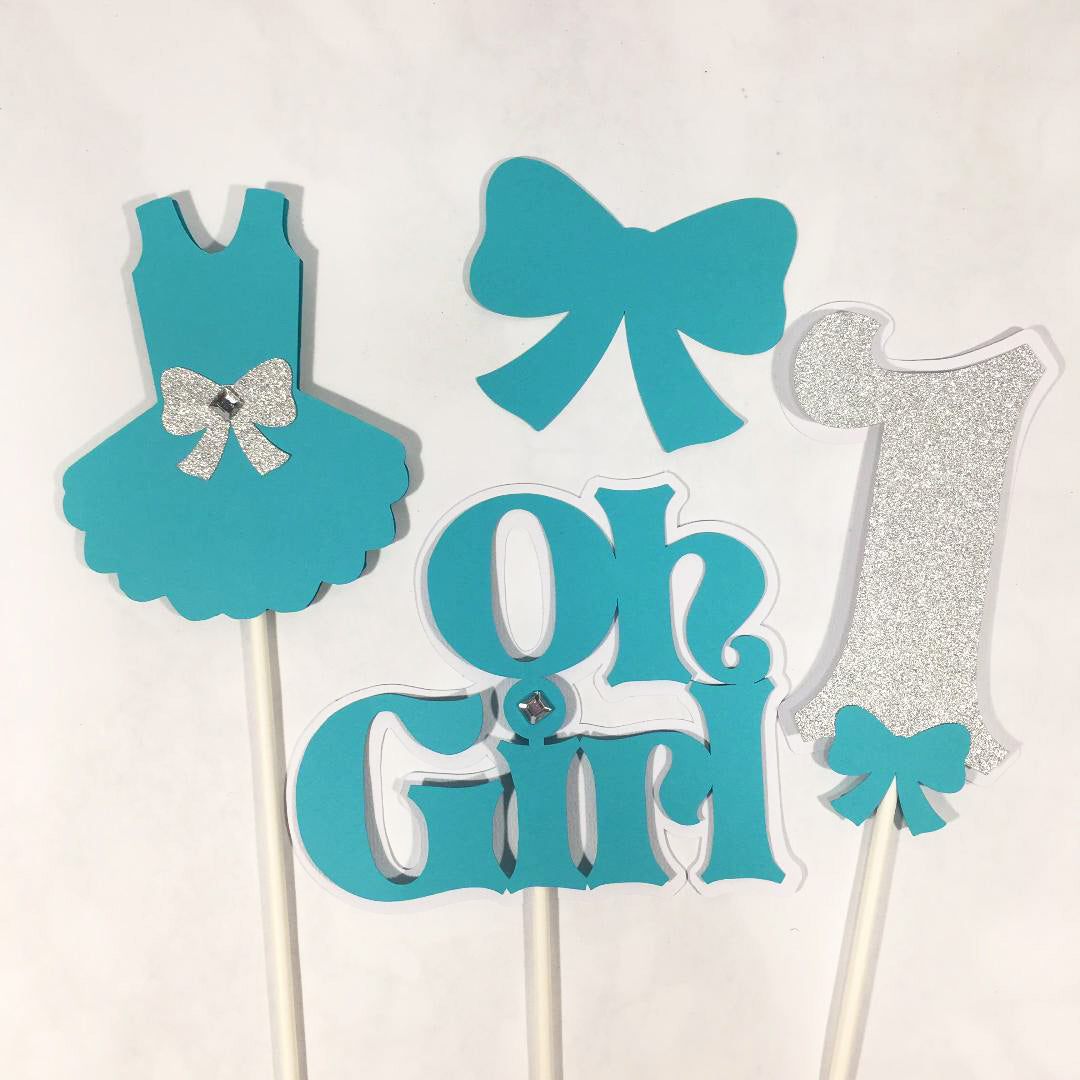 Oh Girl 1st Birthday Centerpiece Sticks - Turquoise Teal & Silver