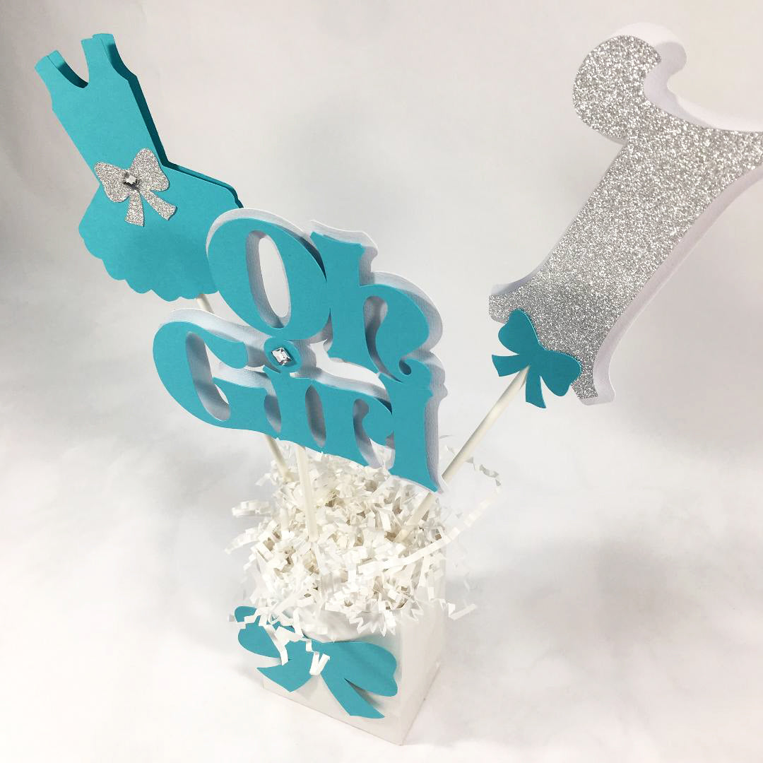 Oh Girl 1st Birthday Centerpiece Sticks - Turquoise Teal & Silver