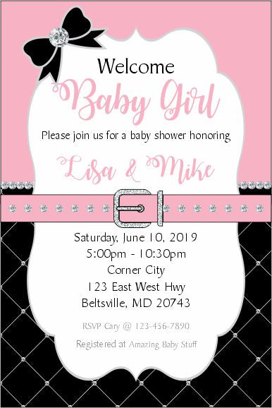 Printable Pink, Black, and Silver Baby Girl Birthday Party Invitation