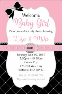 Printable Pink, Black, and Silver Baby Girl Birthday Party Invitation