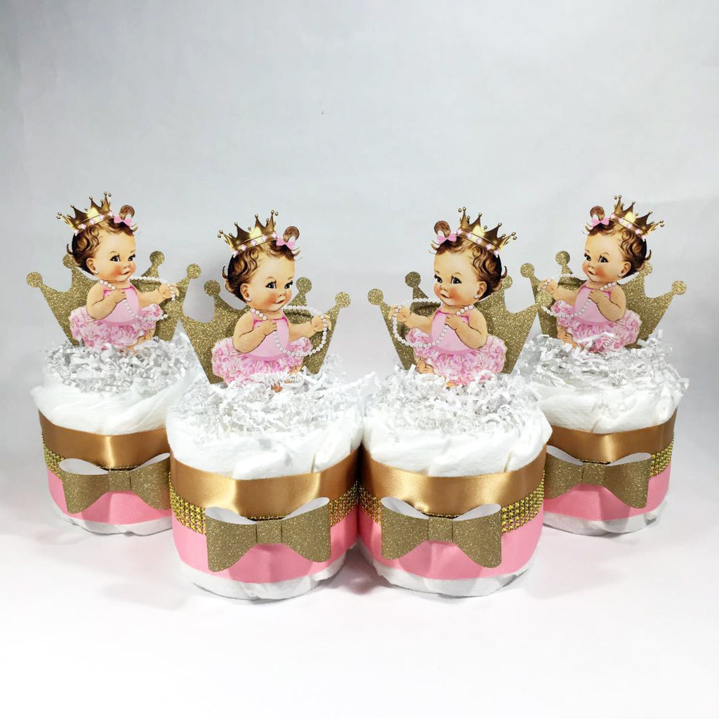 Pink & Gold Royal Princess Mini Diaper Cakes, Brunette