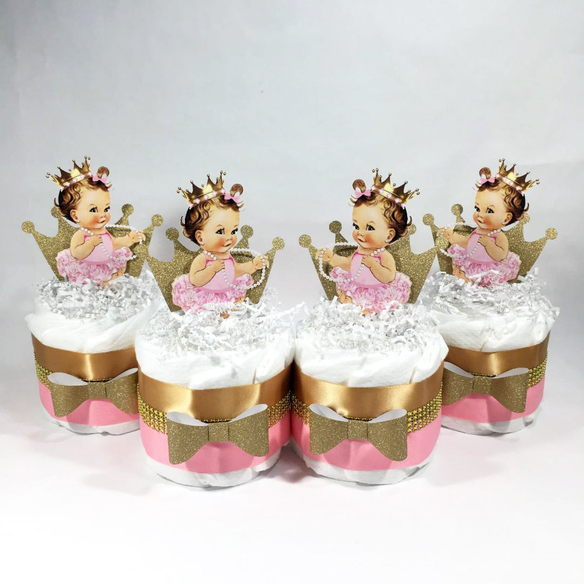 Pink & Gold Royal Princess Mini Diaper Cakes, Brunette