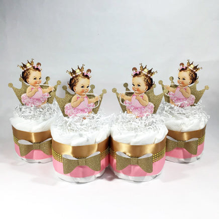 Pink & Gold Royal Princess Mini Diaper Cakes, Brunette