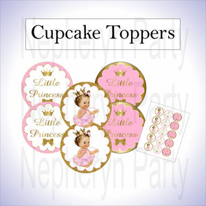 Pink & Gold Princess Cupcake Toppers, Brunette