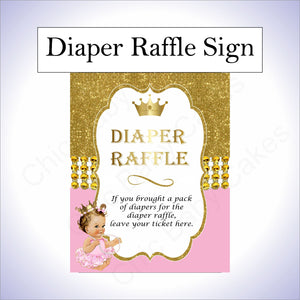 Pink & Gold Princess Diaper Raffle Sign, Brunette