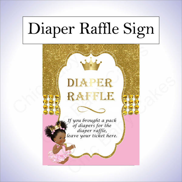 Pink & Gold Princess Diaper Raffle Sign, Curly Afro