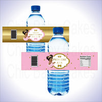 Pink & Gold Princess Water Bottle Labels, Afro
