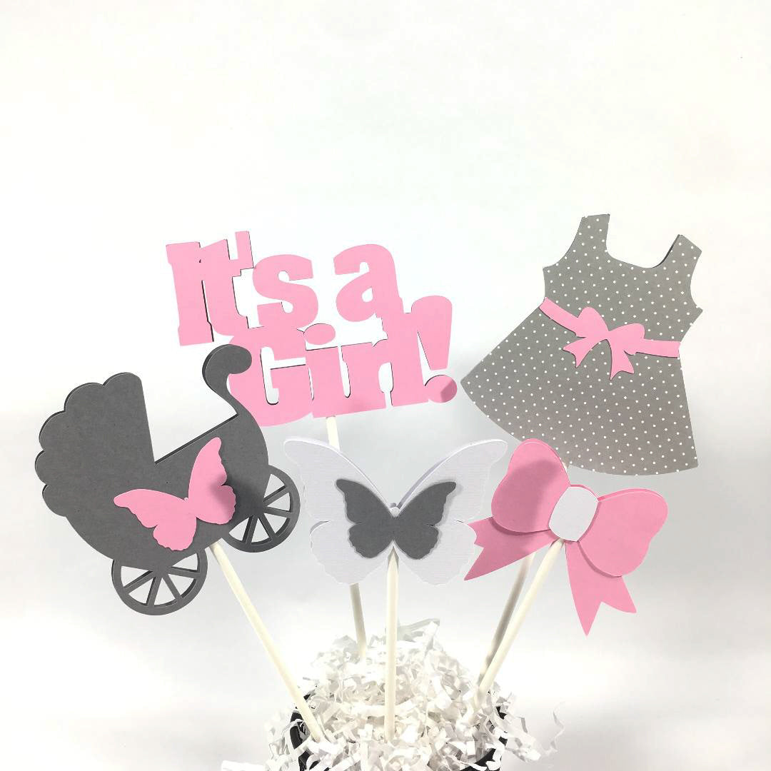 Pink & Gray It's a Girl Centerpiece Sticks
