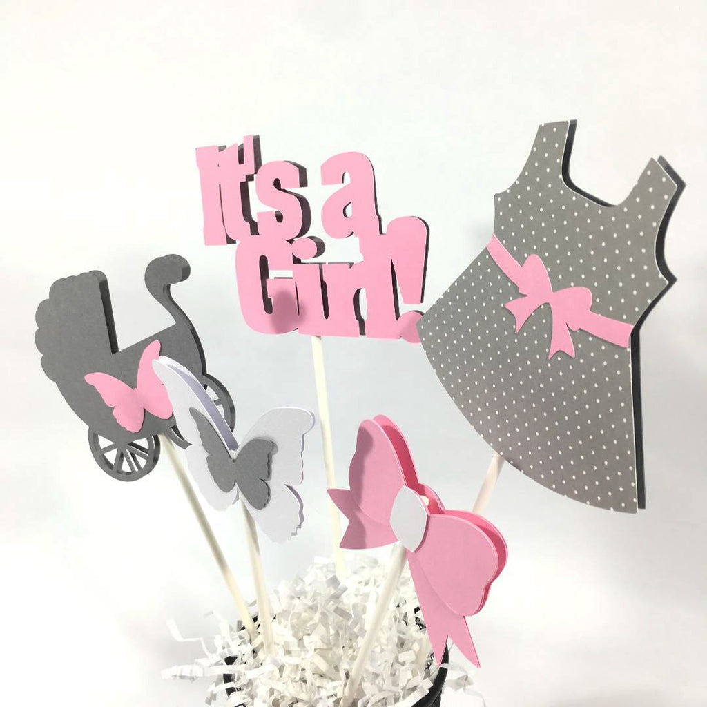 Pink & Gray It's a Girl Centerpiece Sticks