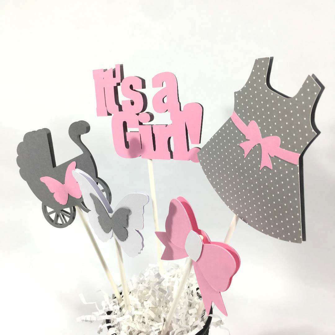 Pink & Gray It's a Girl Centerpiece Sticks