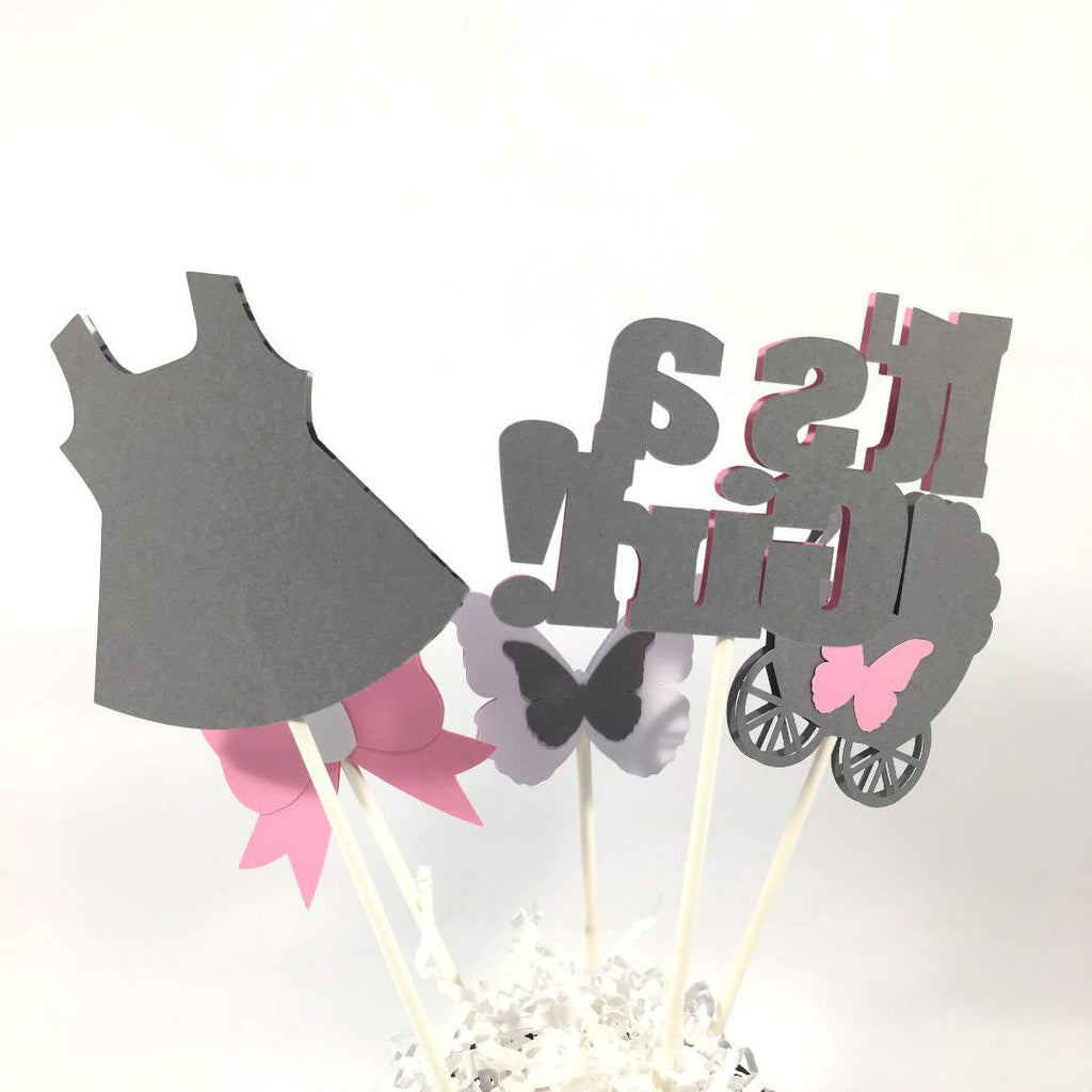 Pink & Gray It's a Girl Centerpiece Sticks