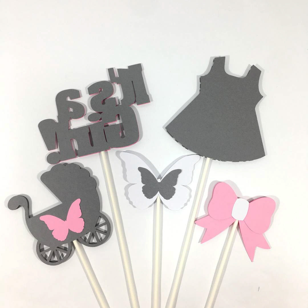Pink & Gray It's a Girl Centerpiece Sticks