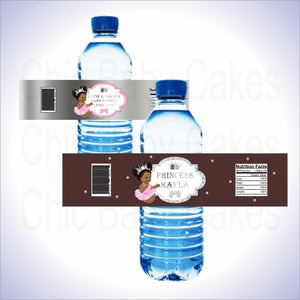 Brown and Silver Little Princess Baby Shower Water Bottle Labels