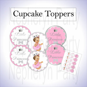 Pink & Silver Princess Cupcake Toppers, Brunette