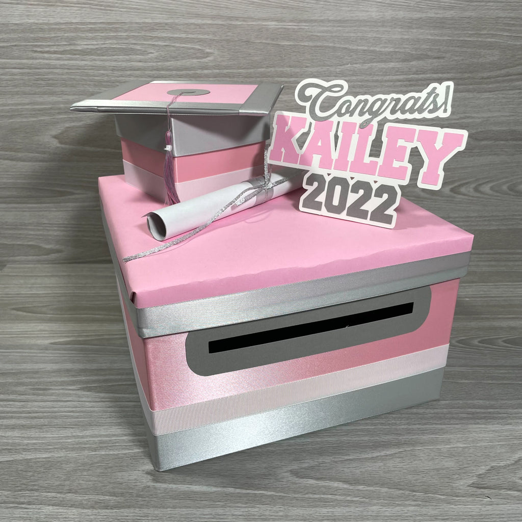 Graduation Card Box - Pink, Silver 10x10