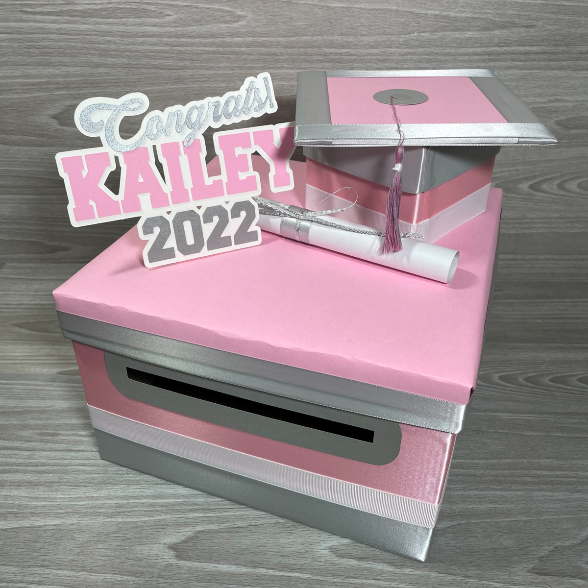 Graduation Card Box - Pink, Silver 10x10