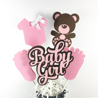 Pink & Brown Baby Girl Bear Centerpiece Sticks
