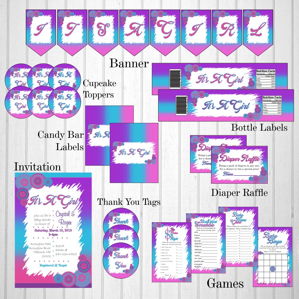 Pink, Blue, & Purple Girl Baby Shower Decoration Pack