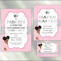 Pink & Silver Little Princess Baby Shower Invite Set, Afro