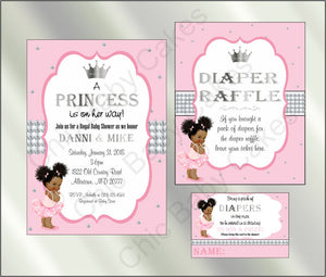 Pink & Silver Little Princess Baby Shower Invite Set, Afro