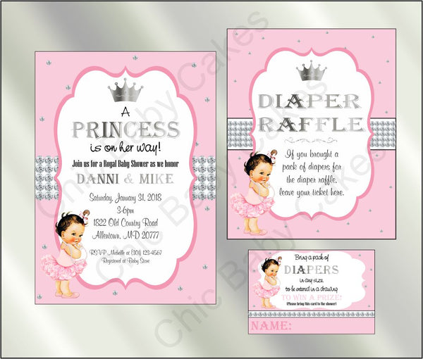 Pink & Silver Little Princess Baby Shower Invite Set, Brunette