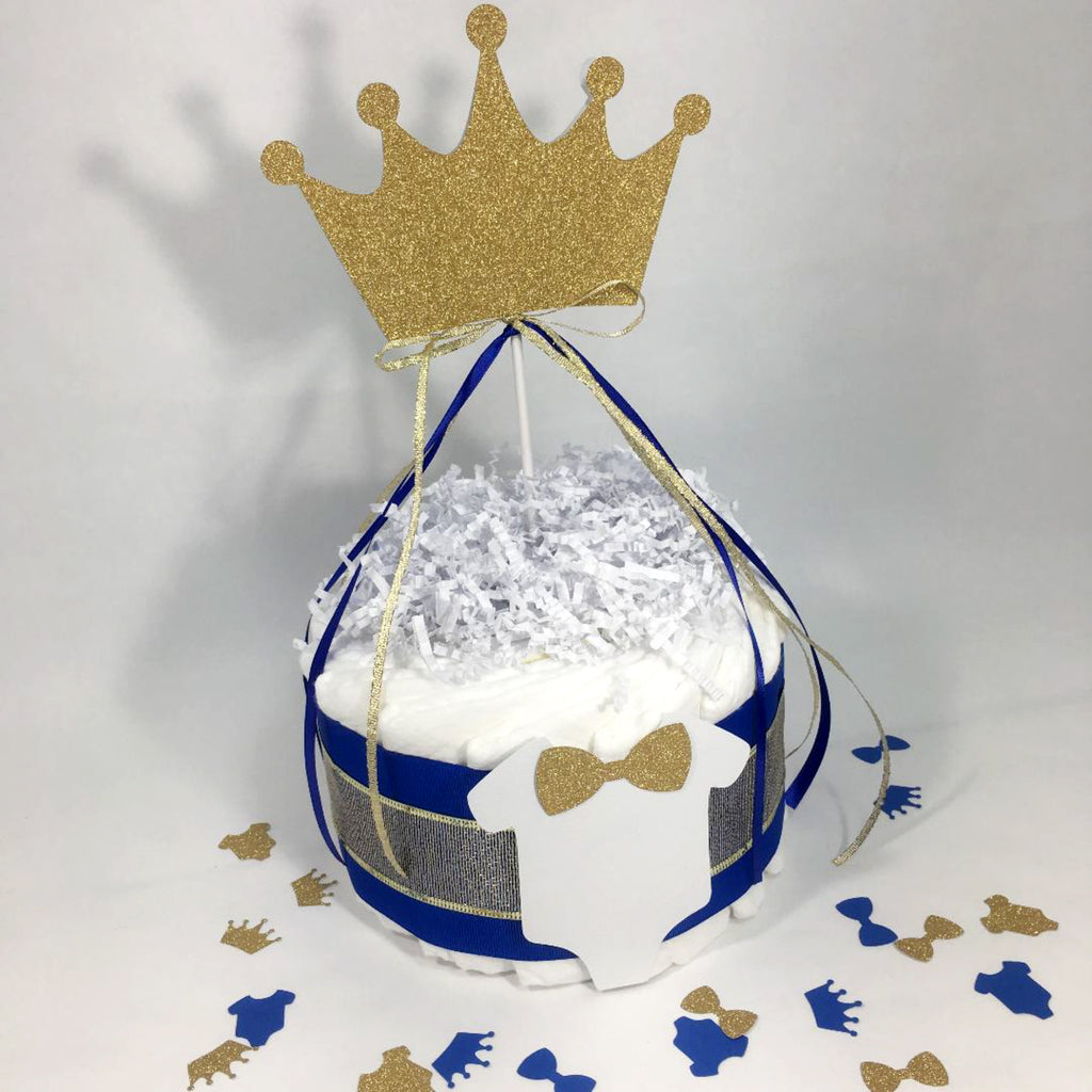 Royal Blue, Gold 1 Tier Prince Diaper Cake Centerpiece