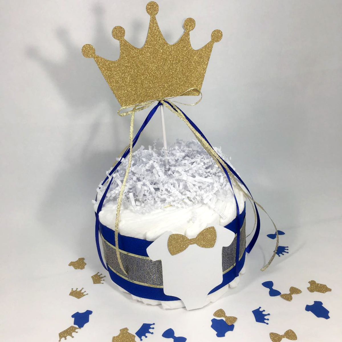Royal Blue, Gold 1 Tier Prince Diaper Cake Centerpiece