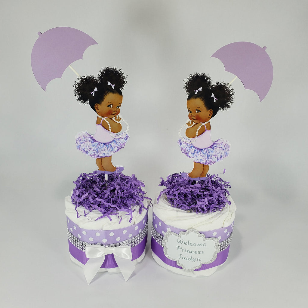 Baby Girl Diaper Cake Centerpiece Set of 4, Lavender, Silver