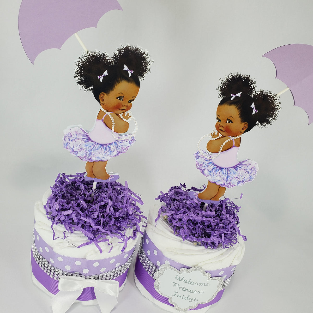 Baby Girl Diaper Cake Centerpiece Set of 4, Lavender, Silver