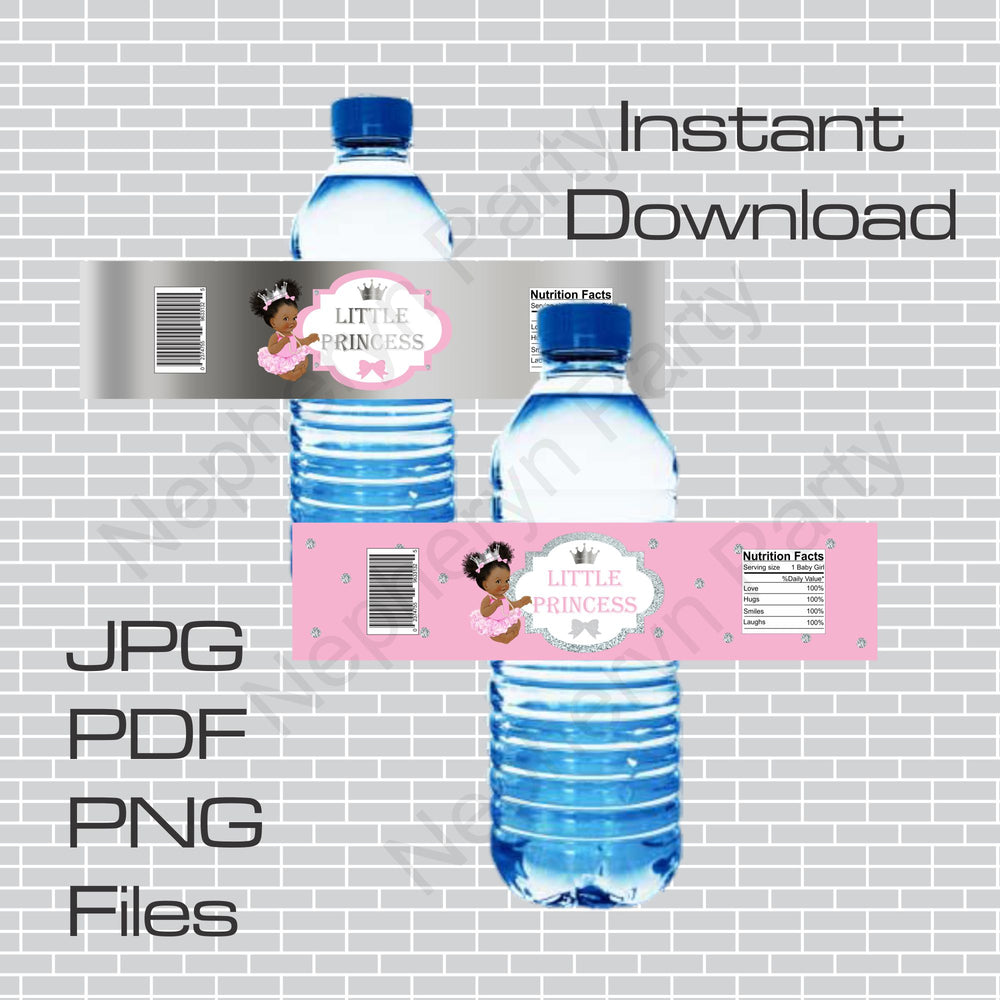 Pink and Silver Little Princess Water Bottle Labels, Curly
