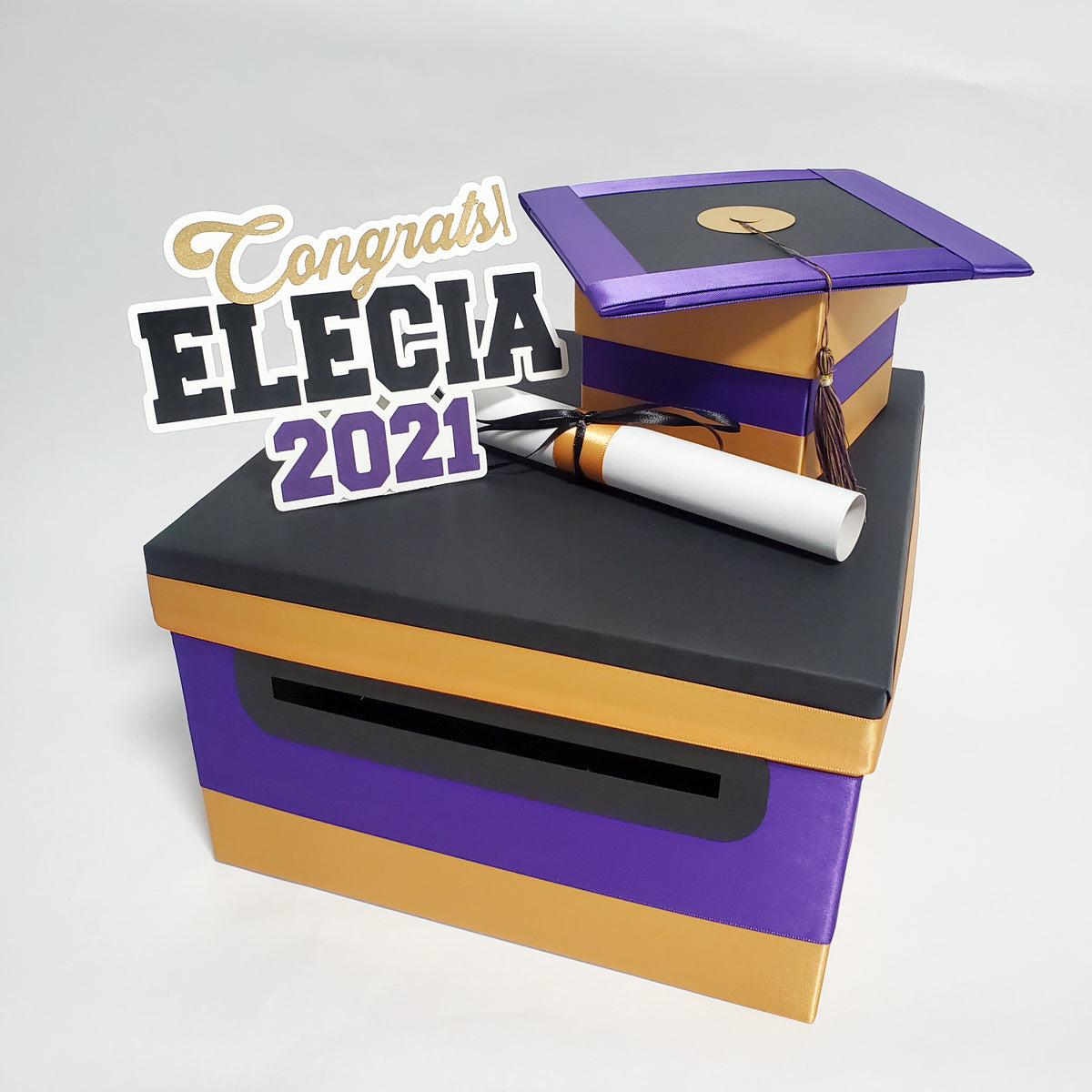 Graduation Card Box - Purple, Black, Old Gold 10x10 | Nepheryn Party