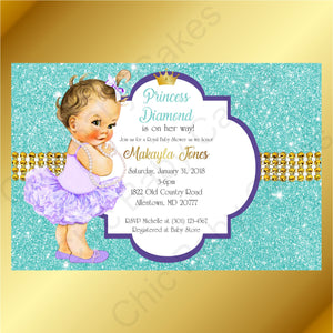 Purple & Teal Little Princess Baby Shower Invite, Brunette