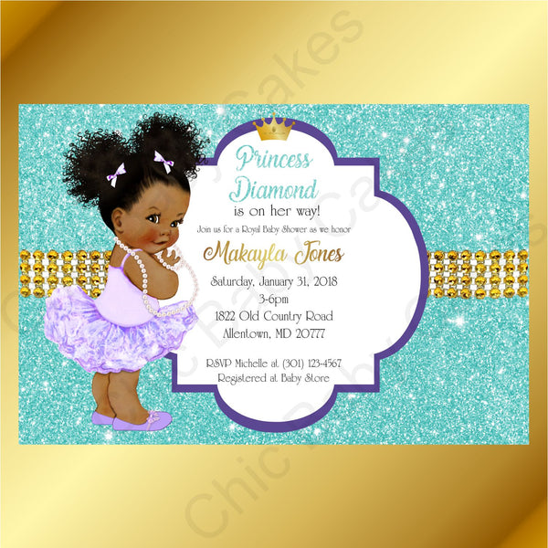 Purple & Teal Little Princess Baby Shower Invite, Afro